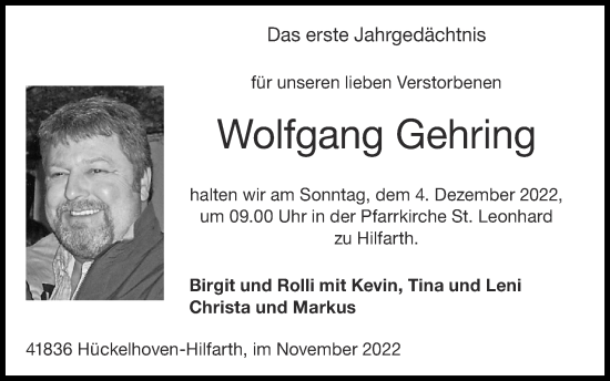 Traueranzeige von Wolfgang Gehring von Zeitung am Sonntag