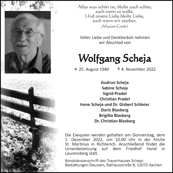Traueranzeige von Wolfgang Scheja von Zeitung am Sonntag