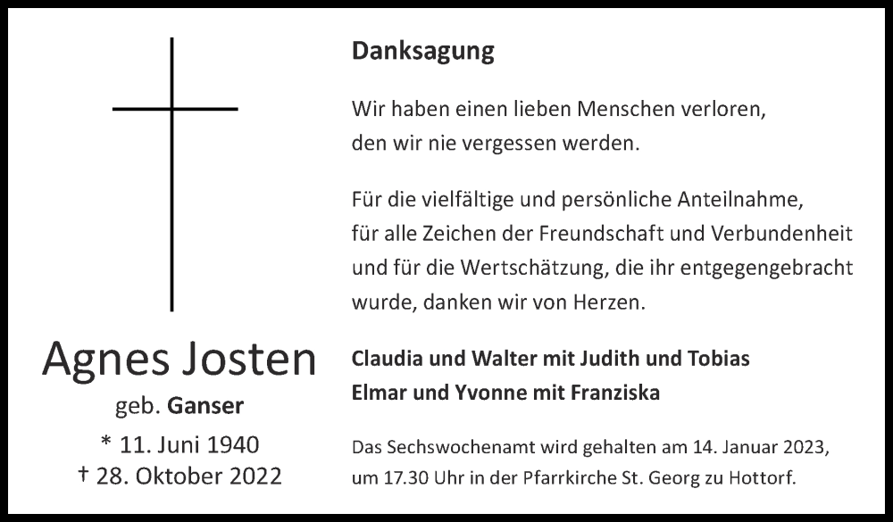  Traueranzeige für Agnes Josten vom 01.01.2023 aus Zeitung am Sonntag