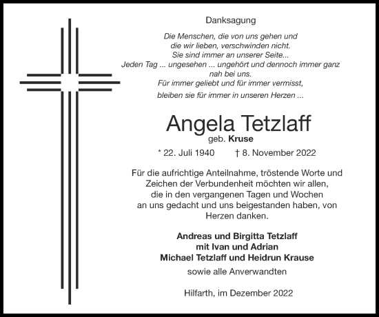 Traueranzeige von Angela Tetzlaff von Zeitung am Sonntag