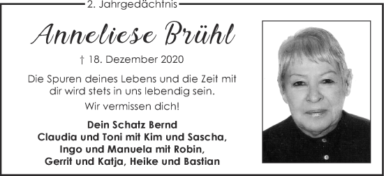 Traueranzeige von Anneliese Brühl von Zeitung am Sonntag