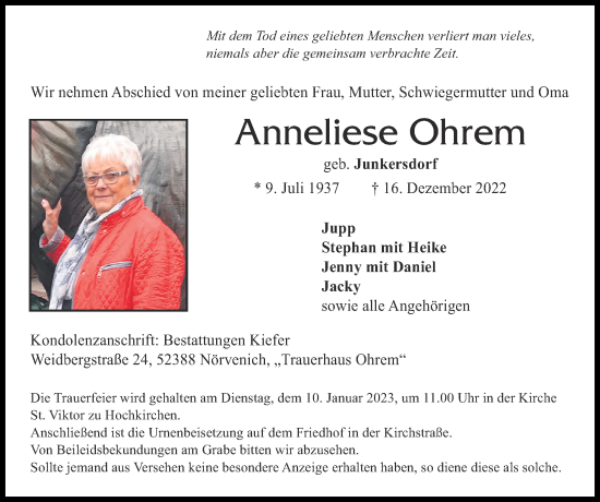 Traueranzeige von Anneliese Ohrem von Zeitung am Sonntag