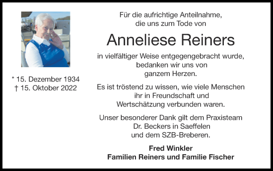 Traueranzeige von Anneliese Reiners von Zeitung am Sonntag