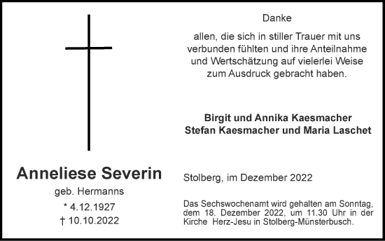 Traueranzeige von Anneliese Severin von Zeitung am Sonntag