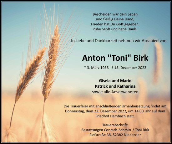 Traueranzeige von Anton Birk von Zeitung am Sonntag