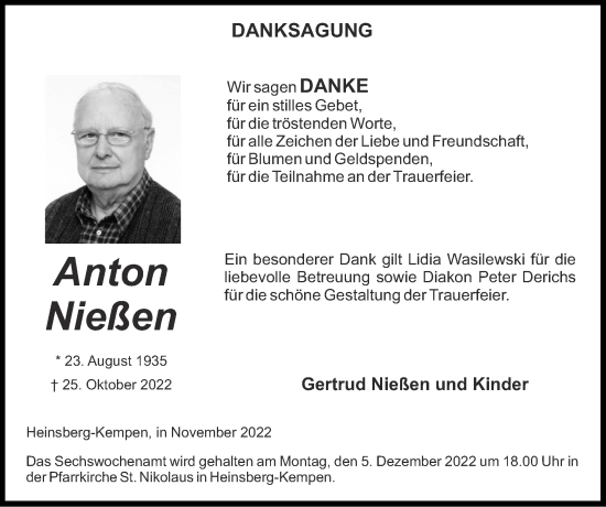 Traueranzeige von Anton Nießen von Zeitung am Sonntag