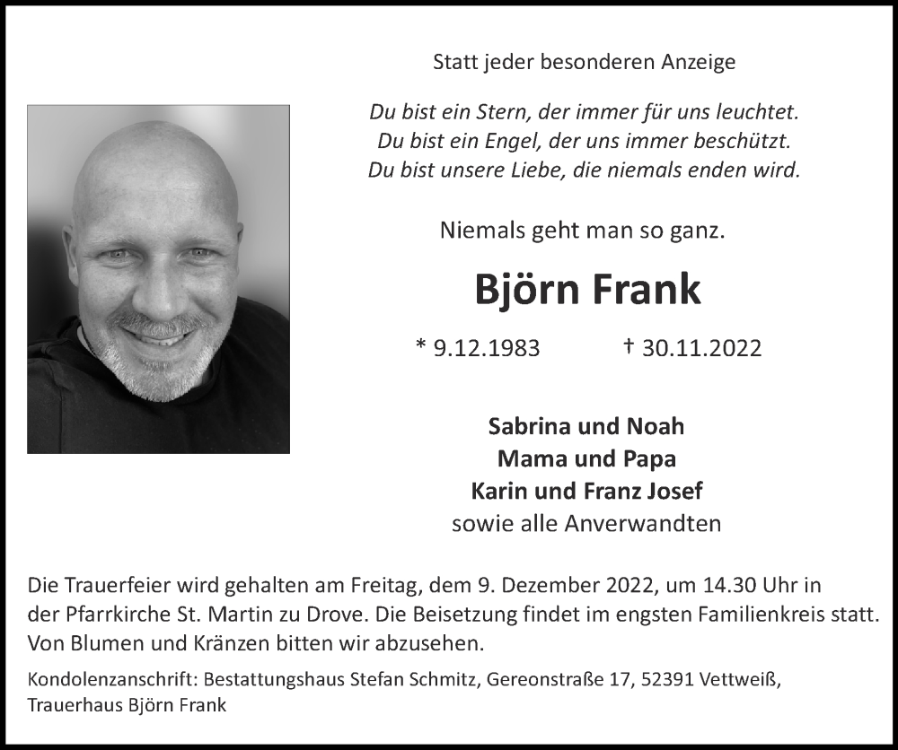  Traueranzeige für Björn Frank vom 04.12.2022 aus Zeitung am Sonntag