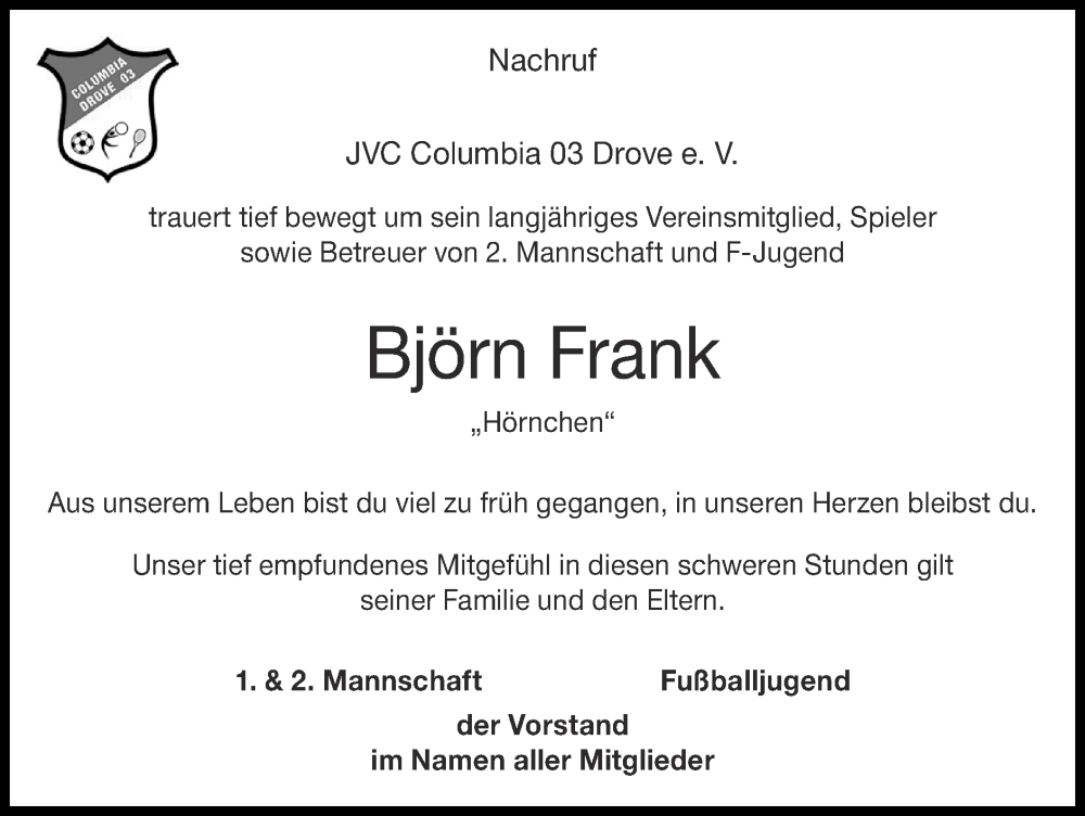  Traueranzeige für Björn Frank vom 11.12.2022 aus Zeitung am Sonntag