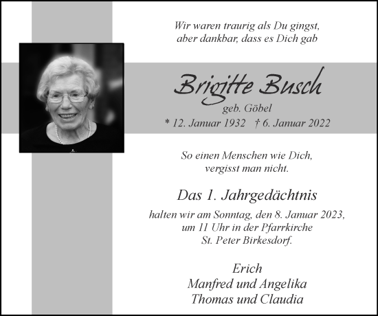 Traueranzeige von Brigitte Busch von Zeitung am Sonntag