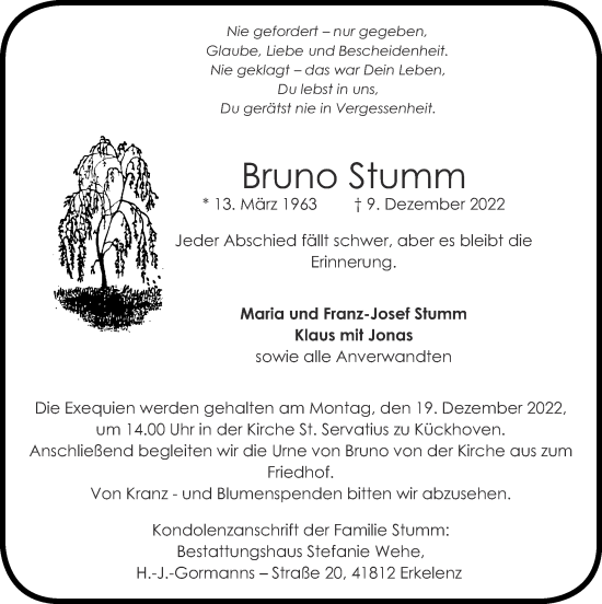 Traueranzeige von Bruno Stumm von Zeitung am Sonntag