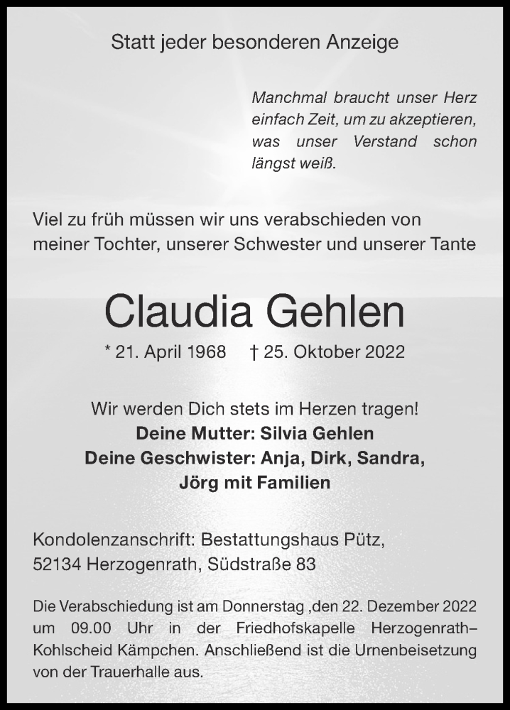  Traueranzeige für Claudia Gehlen vom 18.12.2022 aus Zeitung am Sonntag