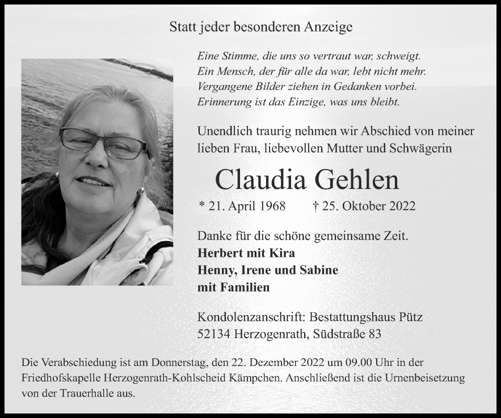  Traueranzeige für Claudia Gehlen vom 18.12.2022 aus Zeitung am Sonntag