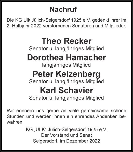 Traueranzeige von Die KG Ulk Jülich-Selgersdorf 1925 e.V. gedenkt ihrer im 2. Halbjahr 2022 verstorbenen Senatoren und Mitglieder.  von Zeitung am Sonntag