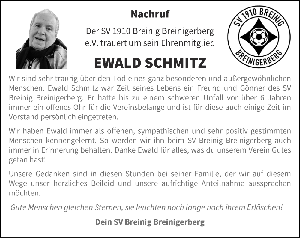  Traueranzeige für Ewald Schmitz vom 11.12.2022 aus Zeitung am Sonntag