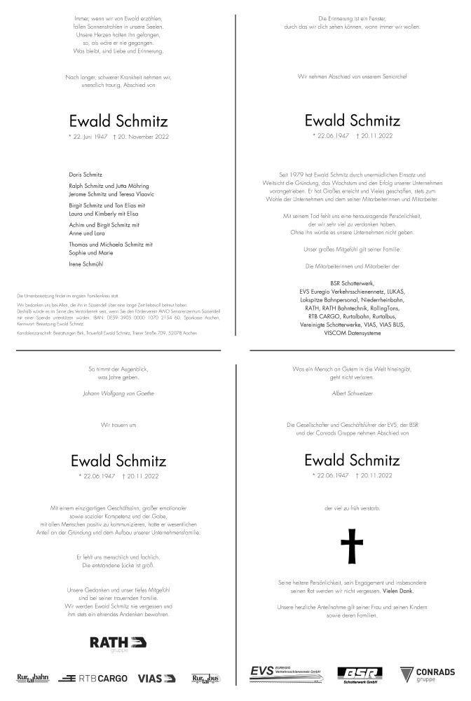  Traueranzeige für Ewald Schmitz vom 04.12.2022 aus Zeitung am Sonntag