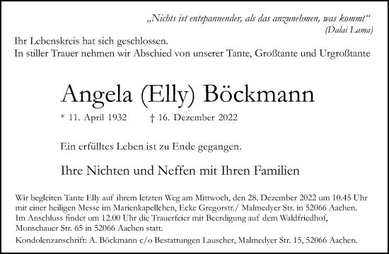 Traueranzeige von Angela Böckmann von Aachener Zeitung / Aachener Nachrichten