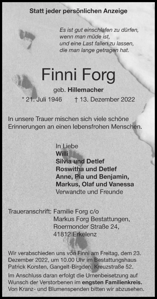 Traueranzeige von Finni Forg von Zeitung am Sonntag