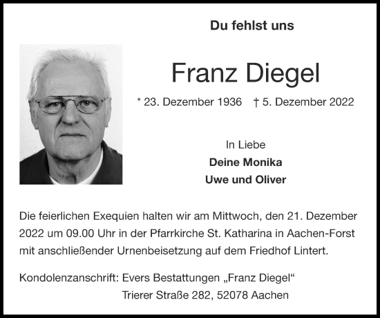 Traueranzeige von Franz Diegel von Zeitung am Sonntag