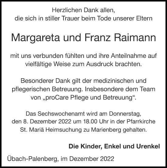 Traueranzeige von Franz Raimann von Zeitung am Sonntag