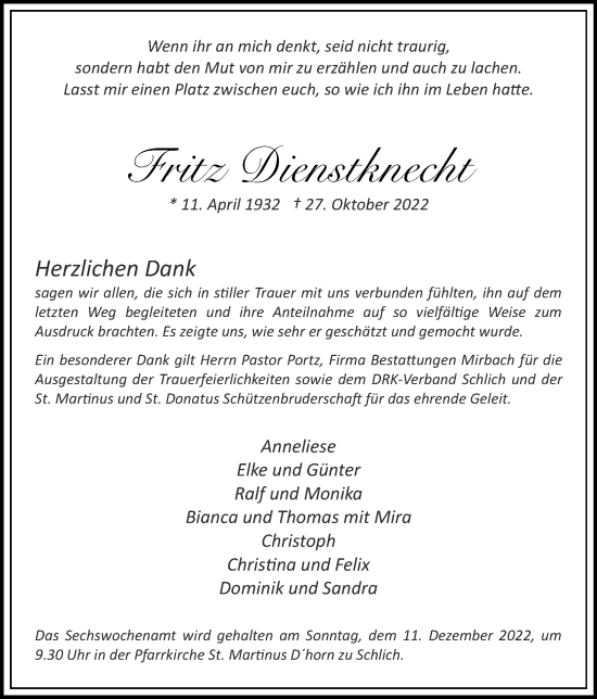 Traueranzeige von Fritz Dienstknecht von Zeitung am Sonntag