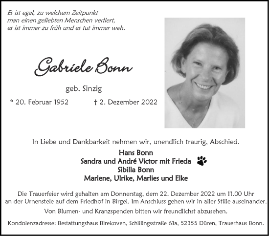 Traueranzeige von Gabriele Bonn von Zeitung am Sonntag