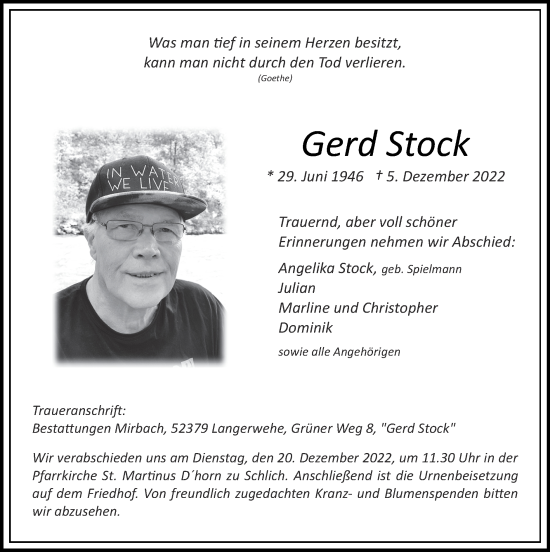 Traueranzeige von Gerd Stock von Zeitung am Sonntag
