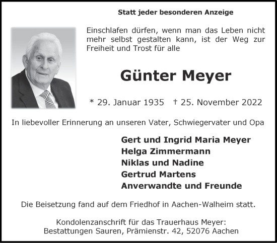 Traueranzeige von Günter Meyer von Zeitung am Sonntag