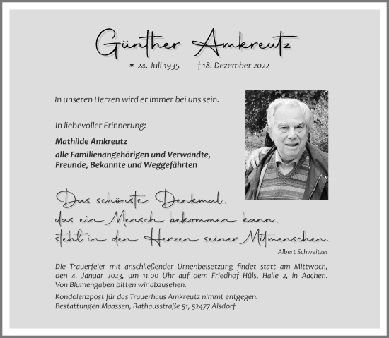 Traueranzeige von Günther Amkreutz von Aachener Zeitung / Aachener Nachrichten