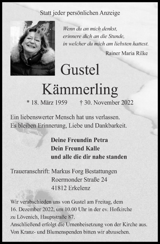 Traueranzeige von Gustel Kämmerling von Zeitung am Sonntag