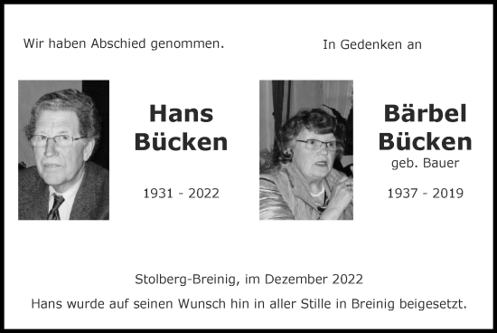 Traueranzeige von Hans Bücken von Zeitung am Sonntag
