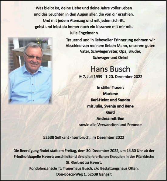 Traueranzeige von Hans Busch von Aachener Zeitung / Aachener Nachrichten