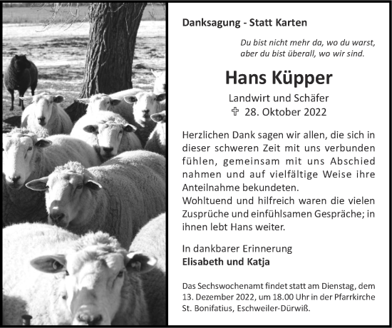 Traueranzeige von Hans Küpper von Zeitung am Sonntag