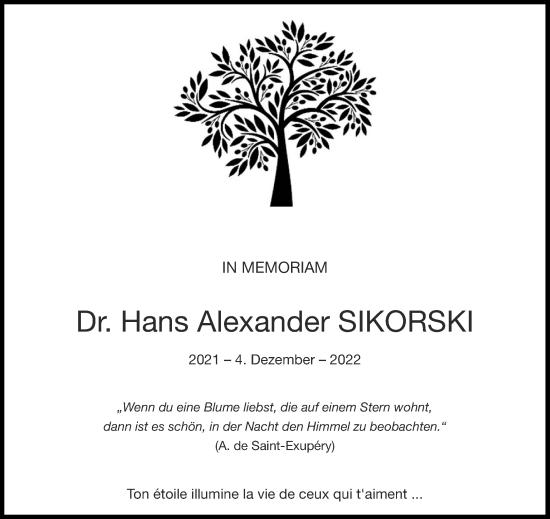 Traueranzeige von Hans Alexander Sikorski von Aachener Zeitung / Aachener Nachrichten
