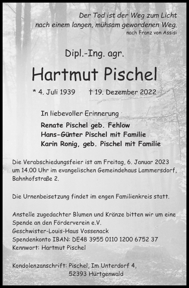  Traueranzeige für Hartmut Pischel vom 01.01.2023 aus Zeitung am Sonntag