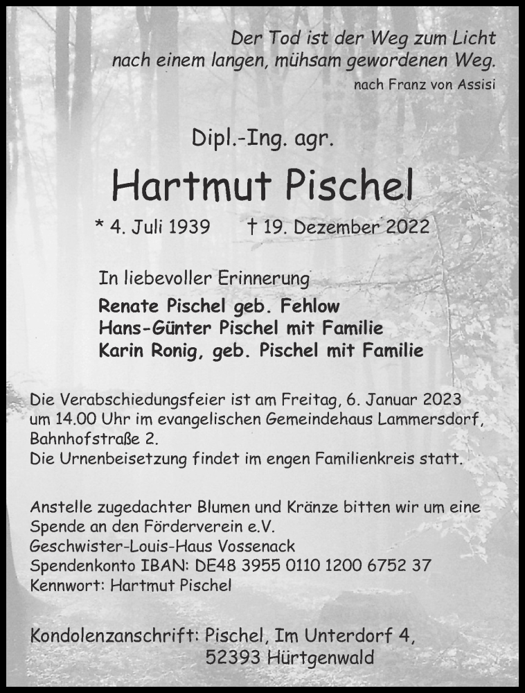  Traueranzeige für Hartmut Pischel vom 31.12.2022 aus Aachener Zeitung / Aachener Nachrichten