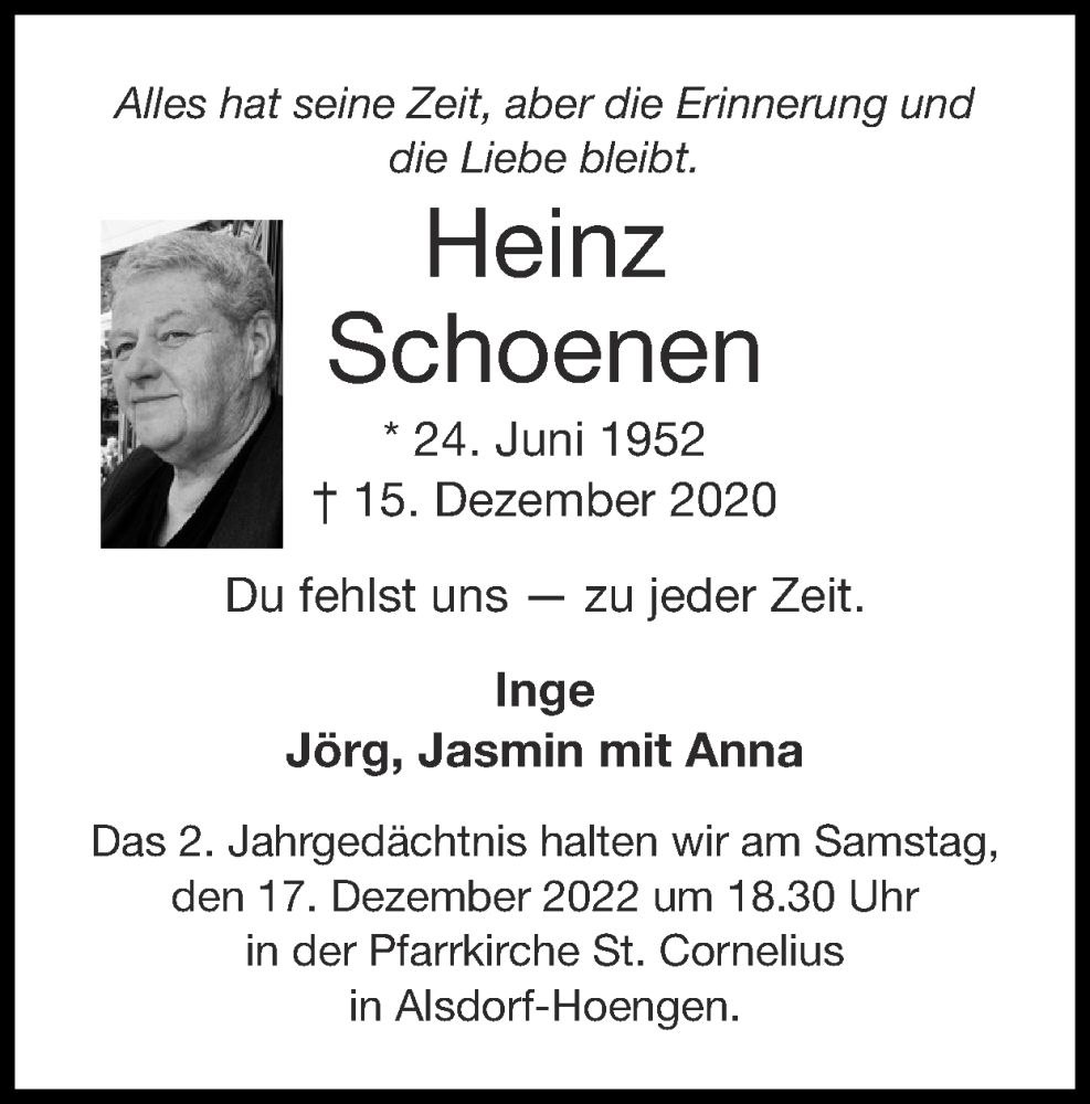  Traueranzeige für Heinz Schoenen vom 11.12.2022 aus Zeitung am Sonntag