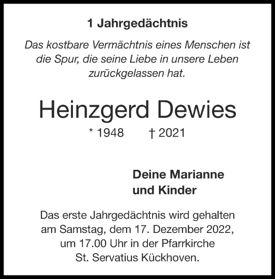 Traueranzeige von Heinzgerd Dewies von Zeitung am Sonntag