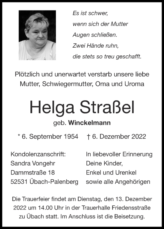 Traueranzeige von Helga Straße von Zeitung am Sonntag
