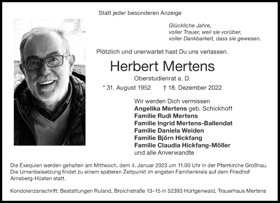 Traueranzeige von Herbert Mertens von Aachener Zeitung / Aachener Nachrichten