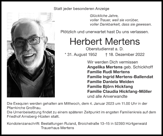 Traueranzeige von Herbert Mertens von Zeitung am Sonntag