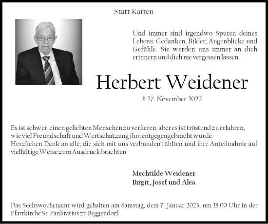 Traueranzeige von Herbert Weidener von Zeitung am Sonntag