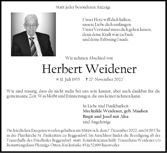 Traueranzeige von Herbert Weidener von Zeitung am Sonntag