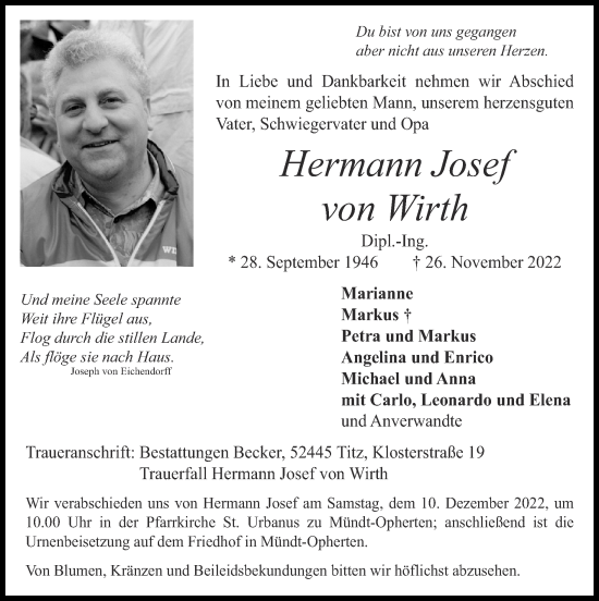 Traueranzeige von Hermann Josef von Wirth von Zeitung am Sonntag