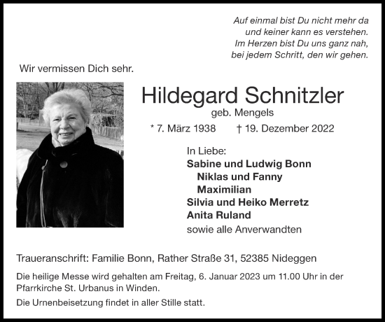 Traueranzeige von Hildegard Schnitzler von Zeitung am Sonntag