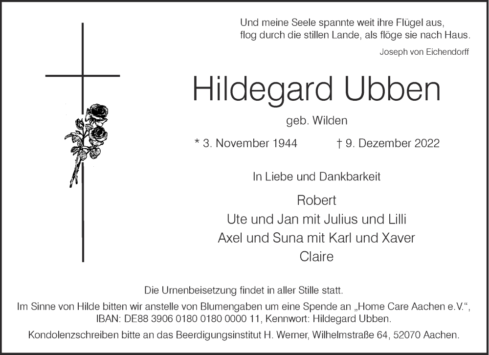  Traueranzeige für Hildegard Ubben vom 17.12.2022 aus Aachener Zeitung / Aachener Nachrichten