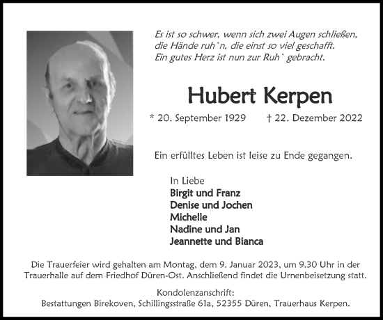 Traueranzeige von Hubert Kerpen von Zeitung am Sonntag