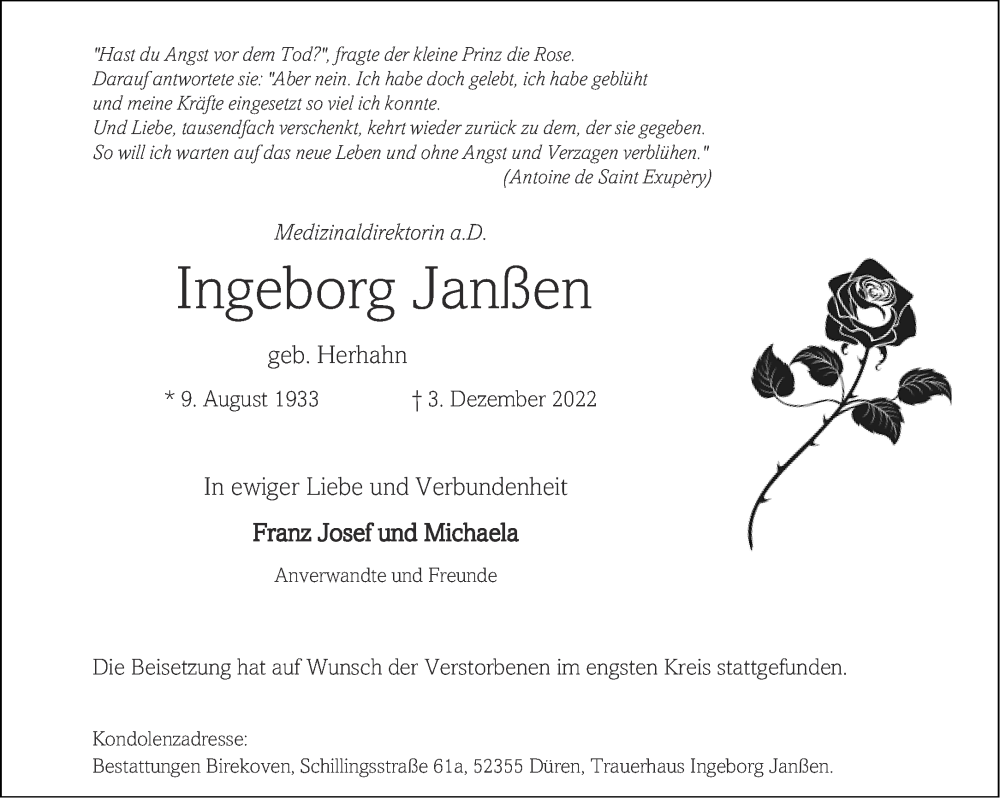  Traueranzeige für Ingeborg Janßen vom 10.12.2022 aus Aachener Zeitung / Aachener Nachrichten