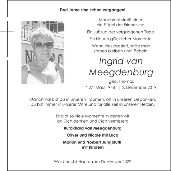 Traueranzeige von Ingrid van Meegdenburg von Zeitung am Sonntag