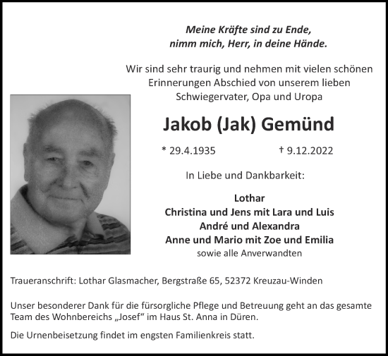 Traueranzeige von Jakob Gemünd von Zeitung am Sonntag