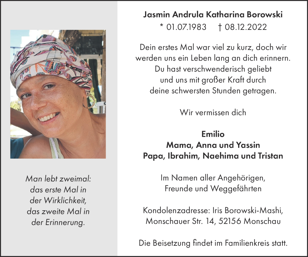  Traueranzeige für Jasmin Andrula Katharina Borowski vom 18.12.2022 aus Zeitung am Sonntag